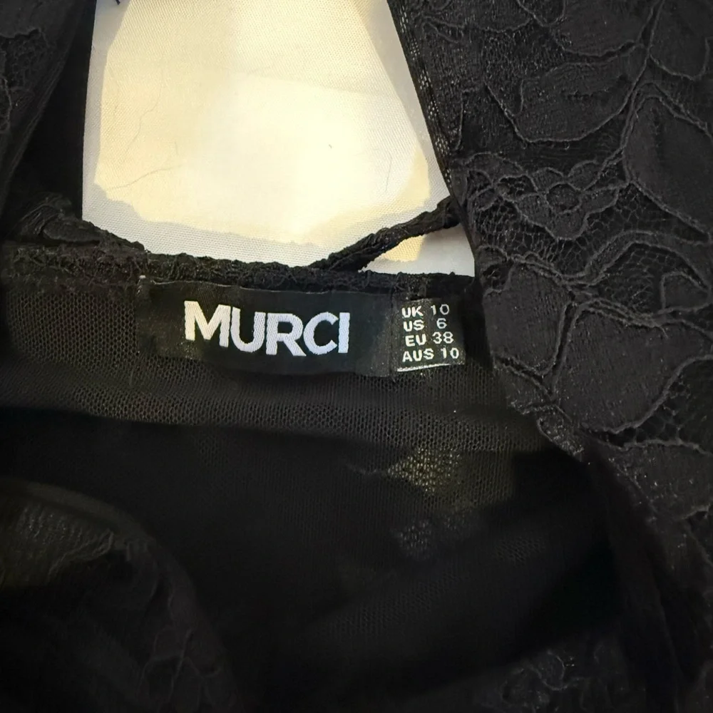 Murci Black Lace Halter Gown US 6 Plunge Neck Maxi Dress High Slit Formal - Picture 9 of 10